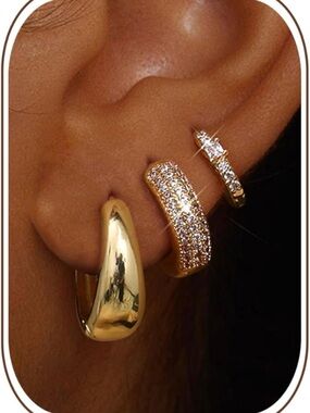 Gold Pavé and Smooth Hoop Earring Set - Women Jewelry for Sensitive Ears